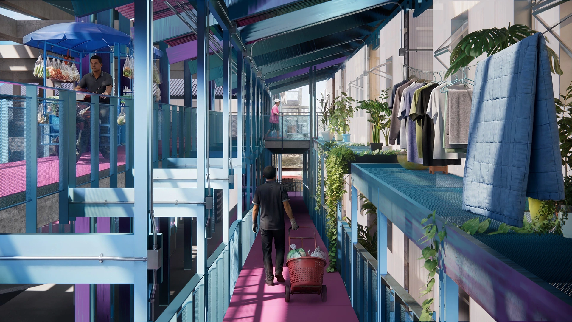 Vehicle porches connect vendor homes to the city